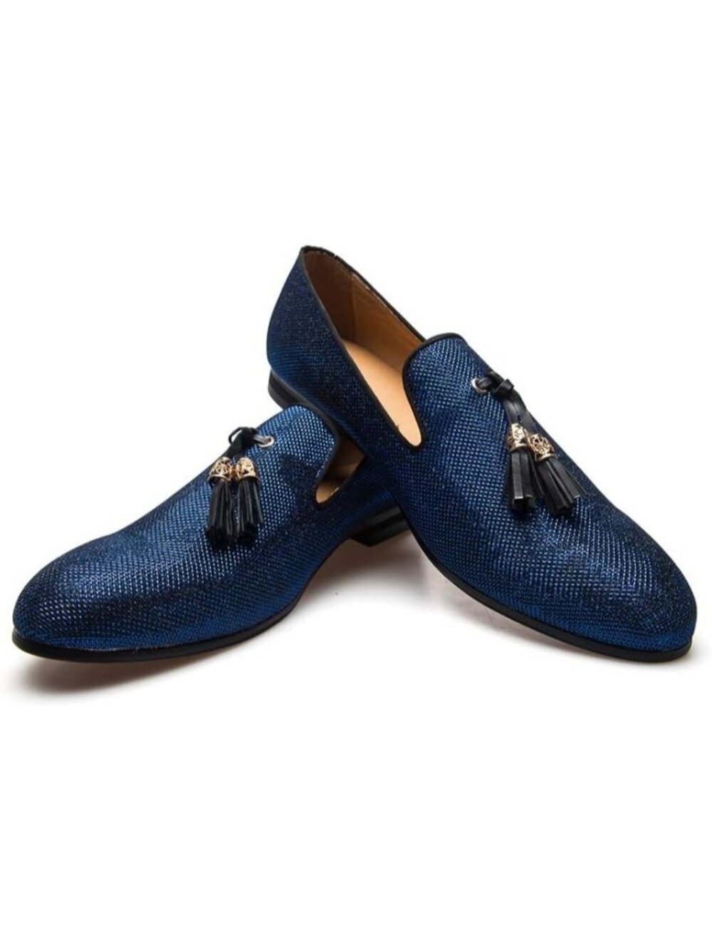 🆕Men's Blue Vintage Velvet Embroidery Noble Loafer Shoes Slip-on Tassel